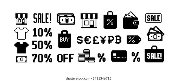 Shopping and goods Simple Pixel icon set vector template. Pixel shop or store icon. World Currency vintage pixel icons. Marketplace discount signs and icons. Retro 8-bit computer game assets