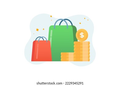 Escena del concepto de iconos de gradiente de compras en el diseño de dibujos animados planos. Paquetes con nuevas compras y dinero para ellos. Ilustración vectorial.