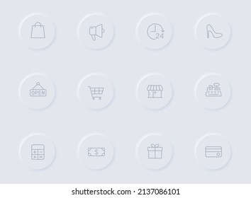 shopping gray vector icons on round rubber buttons. shopping icon set for web, mobile apps, ui design and promo business polygraphy