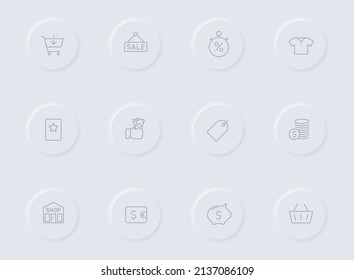 shopping gray vector icons on round rubber buttons. shopping icon set for web, mobile apps, ui design and promo business polygraphy