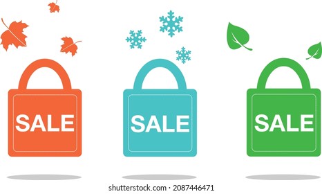 Shopping green, blue, orange paper bag. Season sale vector bag