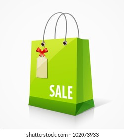 Shopping green paper bag empty, with tag and ribbon. vector illustration