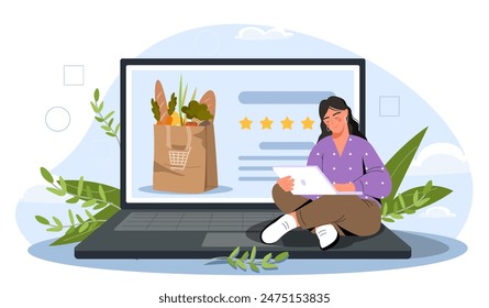 Shopping groceries online. Young girl buys products on Internet. Electronic commerce and home delivery. Paper bag with fruits. Cartoon flat vector illustration isolated on white background
