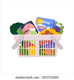 Shopping grocery basket with healthy products illustration. Wholesome food like salmon, broccoli, oatmeal, smoothie, tomato, asparagus for housewife and her family. Eutrophy consumer goods vector