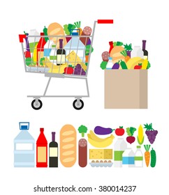 shopping grocery cart full of food and drink products. paper bag with vegetables fruits wine bakery dairy products isolated on white background