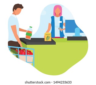 Shopping at grocery store flat concept icon. Buying products at supermarket. Hypermarket purchases. Cashier servicing customer sticker, clipart. Isolated cartoon illustration on white background