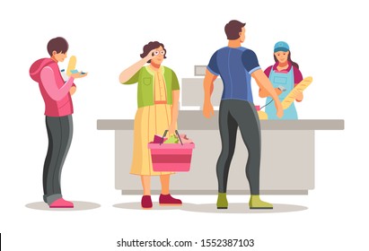 Shopping group people waiting in queue in supermarket. Food store man girl elderly woman in queue to the cashier. Cashier punches goods at the checkout. Customer service cartoon vector illustration