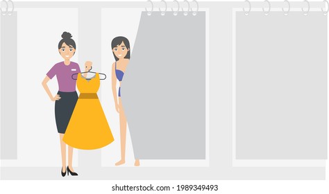 The shopping guide in the fitting room is helping customers choose clothes