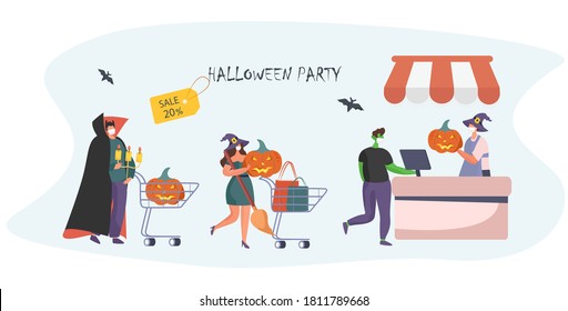 Shopping in Halloween during Quarantine.People in Costumes having Fun at Halloween Party with Halloween Pumpkin during Quarantine.Dressed as Witch,Vampire,Zombie in Medical Masks.Vector Illustration