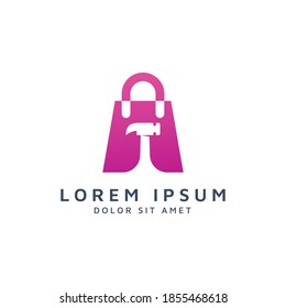 shopping and hammer negative space logo design