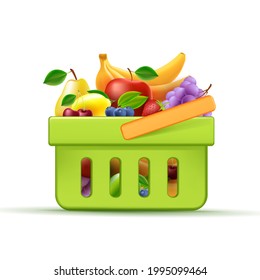 Shopping hand basket full of fresh fruits only, supermarket equipment, 3d green element with bright fruits