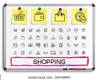 Shopping hand drawing line icons. Vector doodle pictogram set: sketch sign illustration on white marker board with paper stickers: credit, purchase, service, card, calculator, internet, bank, terminal