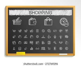 Shopping hand drawing line icons. Vector doodle pictogram set: chalk sketch sign illustration on blackboard with hatch symbols: credit, purchase, service, card, calculator, internet, bank, terminal