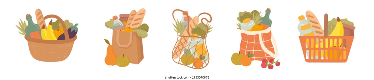 Shopping hand drawn bag and basket flat vector illustrations set. Grocery purchase,  package  with products.  Water bottle, bread, fruits, vegetables. Natural food, organic fruits and vegetable.