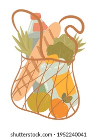 Shopping hand drawn bag flat vector illustrations. Grocery purchase,  package  with products.  Water bottle, bread, fruits, vegetables, apples. Natural food, organic fruits and vegetable.