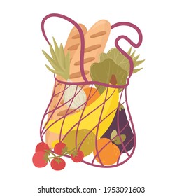 Handgezeichnete Taschen mit flachen Vektorgrafiken. Lebensmittelkauf, Paket mit veganischen Produkten.  Wasserflasche, Brot, Obst, Gemüse. Natürliche Lebensmittel, Biobrennobst und Gemüse.