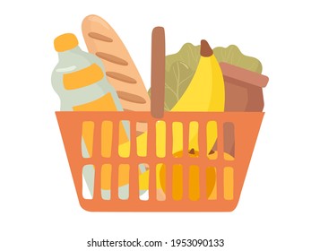Comprar ilustraciones de vectores planos de cestas dibujadas a mano. Compra de comestibles, paquete con productos.  Botella de agua, pan, frutas, verduras, plátano, ensalada. Alimentos naturales, frutas orgánicas y verduras.