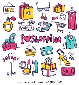 Shopping hand drawn decorative icons set with commerce symbols isolated vector illustration