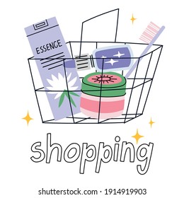 Shopping hand drawn doodle lettering. Cute vector illustration of basket with beauty products. Background. Design poster quote, face care and self care concept.