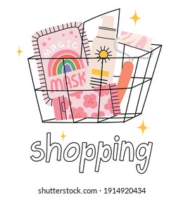 Shopping hand drawn doodle lettering. Cute vector illustration of basket with beauty products. Background. Design poster quote, face care and self care concept.