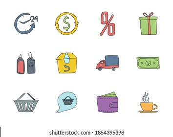 Shopping handgezeichnet, lineare Vektorsymbole einzeln auf weißem Hintergrund. Shopping-Doodle-Icon-Set für Web- und i-Design, mobile Apps und Printprodukte