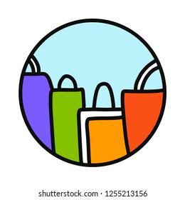 Shopping hand drawn logo logotypewith bags from store discount sale package clothes toys buy for printsposters stickers banners t shirts