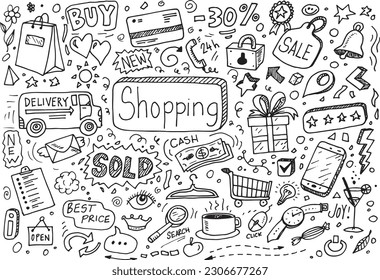 Shopping hand drawn vector doodles, icon set isolated on white background