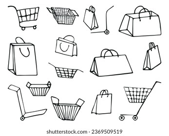 Comprando doodles vectoriales dibujados a mano, conjunto de iconos aislados en fondo blanco. Juego de bolsas de compras, carritos de compras al estilo de boceto.