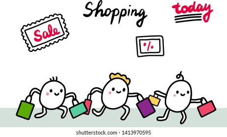 Shopping hand drawn vector illustration. Peolpe running at sale days. Cute minimalism