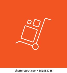Trole de manejo de compras con caja icono de línea para web, móvil e infografía. Icono blanco vector aislado en fondo rojo.