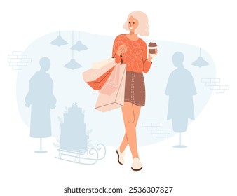 Shopping. Happy buyer woman blonde with takeaway coffee and package. Interior of store with Female mannequins in dress and New Year sleigh with gift boxes. Vector illustration. Shopper in flat style