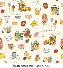 Shopping, happy custumer, sales,  people and objects vector illustrations seamless pattern