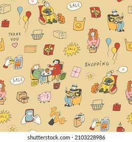 Shopping, happy custumer, sales,  people and objects vector illustrations seamless pattern