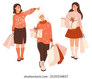 Shopping. Happy cute woman brunette and blonde in sweater with festive packages and gift. Isolated Holiday shopper character. Vector illustration. Consumerism, purchase concept, Black Friday and sale