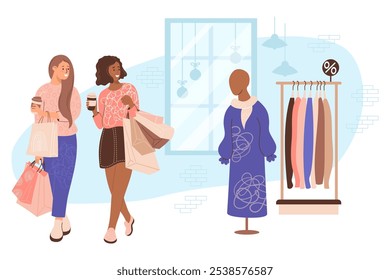 Shopping. Happy girlfriends buyers in store. Light and dark-skinned ethnic girl with takeaway coffee and packages near female mannequin in dress and rack clothes on sale. Vector illustration