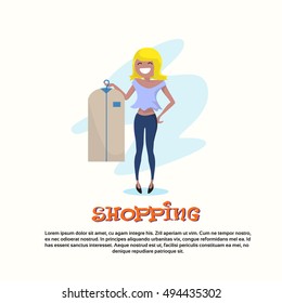 Shopping Happy Smiling Woman with Clothes Case Walking Flat Vector Illustration