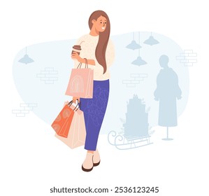 Shopping. Happy woman buyer with coffee and packages. Interior of store with mannequin in dress and a New Year sleigh with gift boxes. Vector illustration. Female shopper in flat style