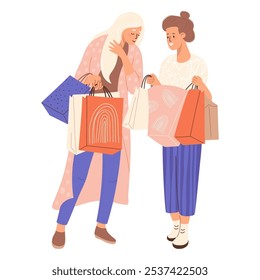 Compras. Feliz mulher compradora. Menina loira bonito olha para comprar presentes em pacotes de compras em amigo morena. Ilustração vetorial. Sexta-feira negra. Personagem feminina bonito em estilo plano