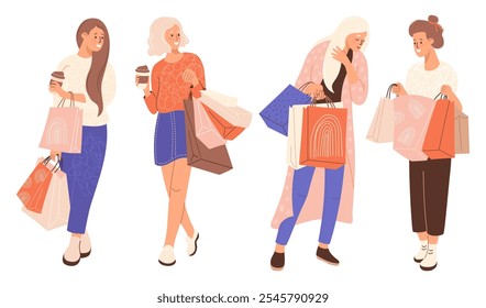 Shopping. Happy woman buyers set. Isolated cute female brunette and blonde shopper character with takeaway coffee and shopping bags on white background. Vector illustration in flat style