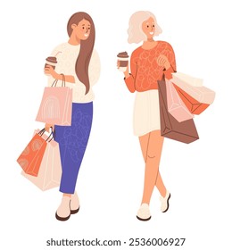 Compras. Feliz mulher amigos compradores. Morena e menina loira com café take away e pacotes de compras. Ilustração vetorial. Personagem feminina bonito em estilo plano