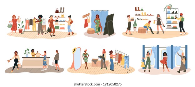 Shopping. Happy women try dresses and shoes in store. People choose outfit in fitting rooms. Females consult with seller about buying clothes, pay for purchases at checkout, vector cartoon scenes set