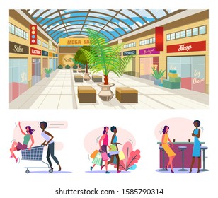 Shopping and having fun flat vector illustration set. Female friends riding shopping cart, drinking in bar, carrying bags, walking together. Friendship, communication concept