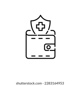 Shopping for health insurance. Cross on shield in a wallet. Pixel perfect, editable stroke line icon