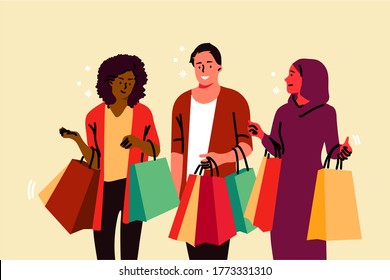 Shopping, hobby, friendship, commerce concept. Young happy smiling customers friends arabic african american woman muslim man boy walking together with shop bags from store. Leisure time recreation.