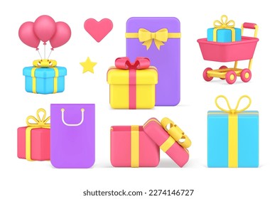 Shopping holiday sale discount present gift box order purchase set 3d icon realistic vector illustration. Store shop clearance special offer supermarket cart commerce marketing financial business buy