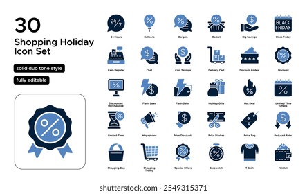 Shopping Holiday Solid Duo Tone Icon Set: Retail Events, Bargain Hunting, and Festive Shopping Icons