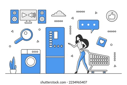 Comprando electrodomésticos. Compra de dispositivos electrónicos, almacenamiento electrónico de imágenes monocolor vectorial