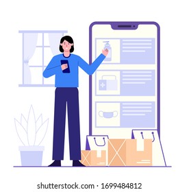 shopping from home, covid-19 illustration vector, corona virus illustration vector