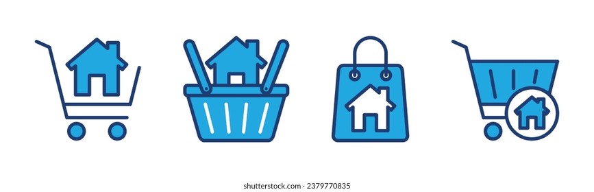 Shopping home icon set. Purchase or buying house icon. Cart trolley with home or house symbol. Editable stroke. Vector illustration