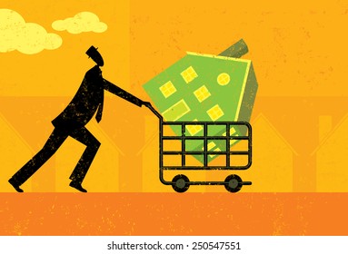 Shopping for a Home A man walking with a new house in his shopping cart. The man, shopping cart, and home are on a separate labeled layer from the background.